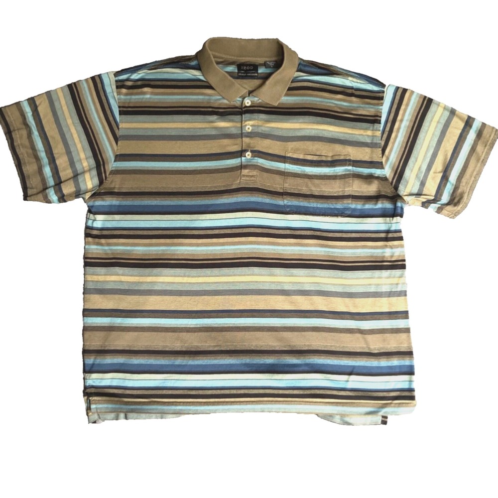 VTG Izod Grunge Cobain Polo Shirt Mens L M Double Mercerized Olive Green Striped
